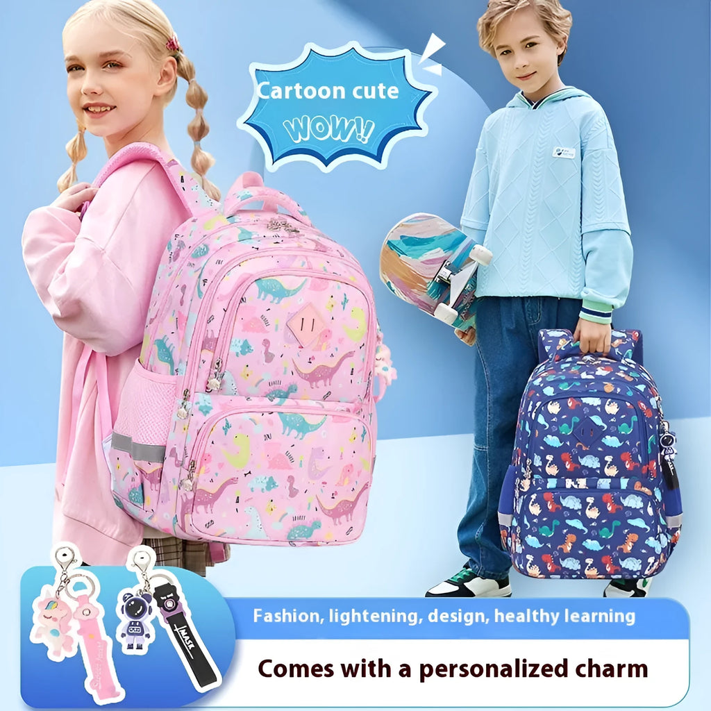 Blue dinosaur pattern children's waterproof school backpack with curved shoulder straps.