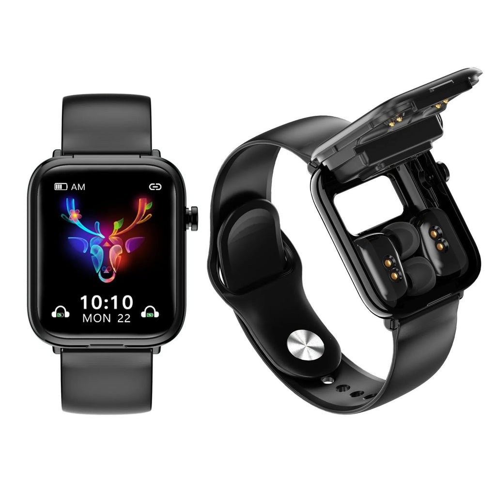 Black smart watch with integrated Bluetooth earbuds showing 1.69 inch touch screen display