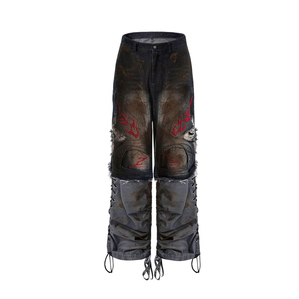 Men's retro style denim jeans with detachable trouser legs in a wide leg, loose fit.