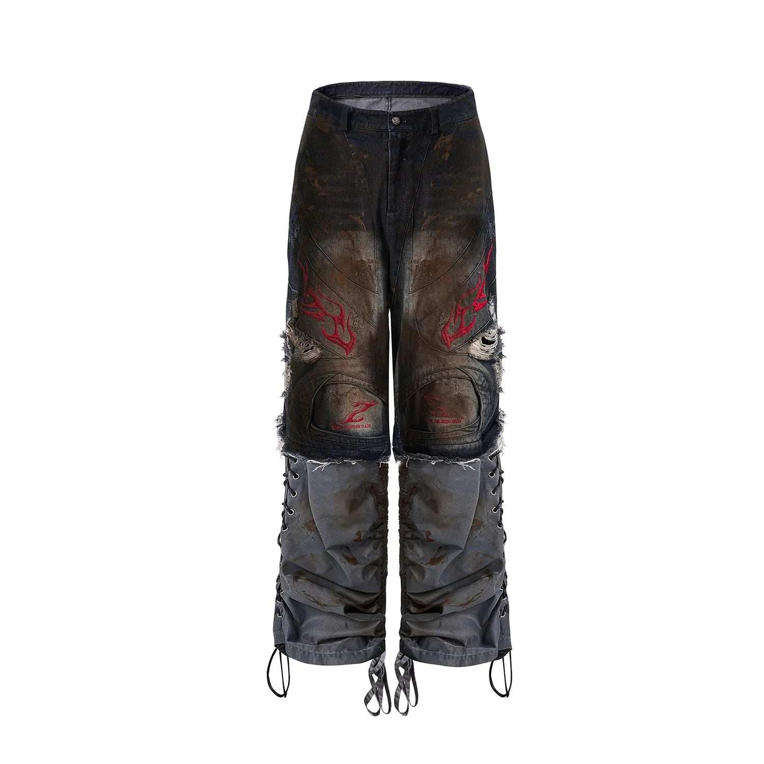 Men's retro style denim jeans with detachable trouser legs in a wide leg, loose fit.