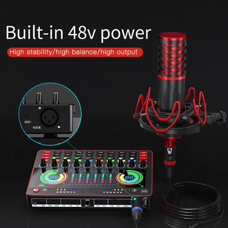 G4 professional sound card mixer with LCD screen, microphone, and remote control for live streaming.