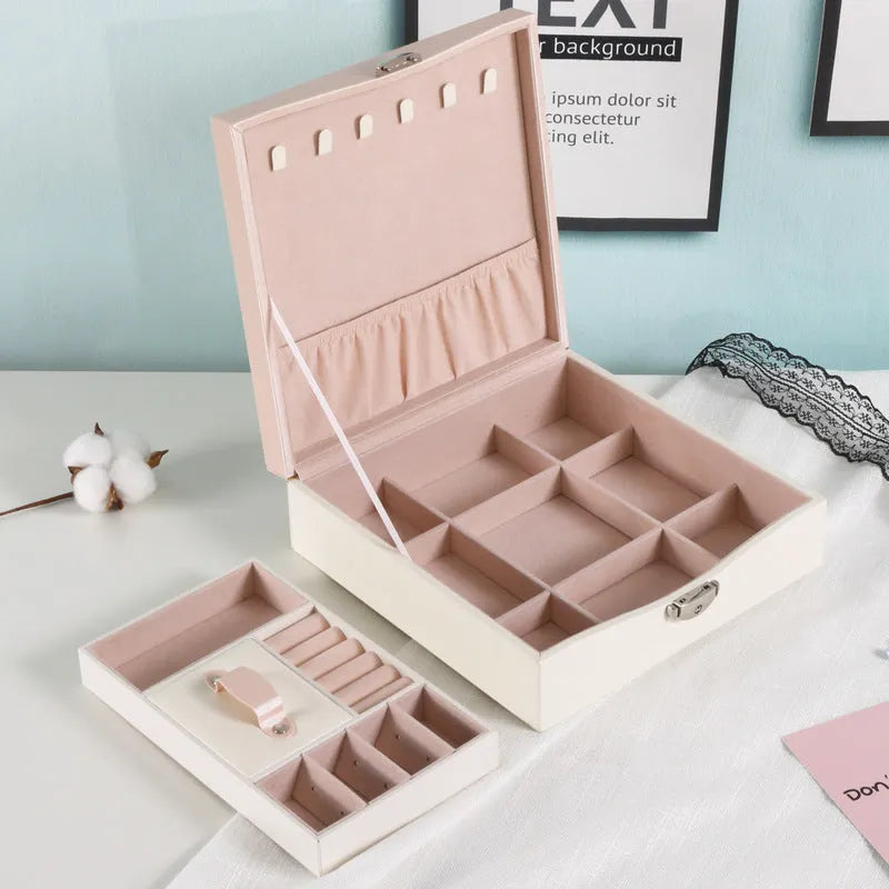 Red or white PU leather jewellery storage box for necklaces and rings with minimalist design