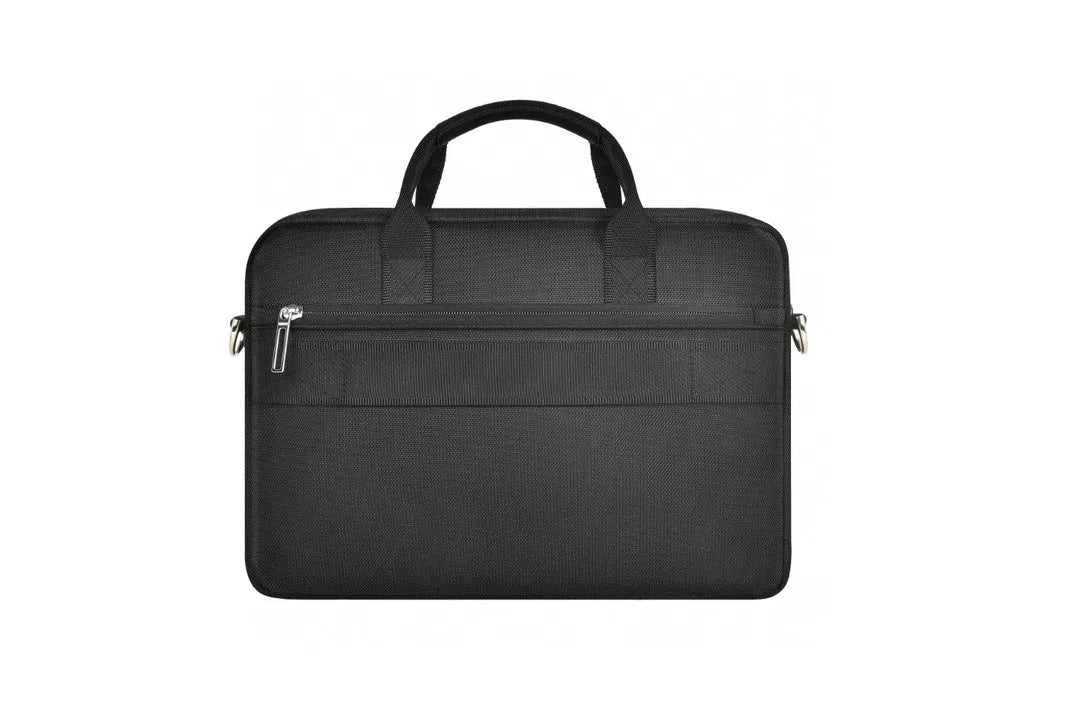Black Oxford cloth laptop rucksack showing multi-pocket interior and separate computer compartment for 14 or 15.6 inch devices.