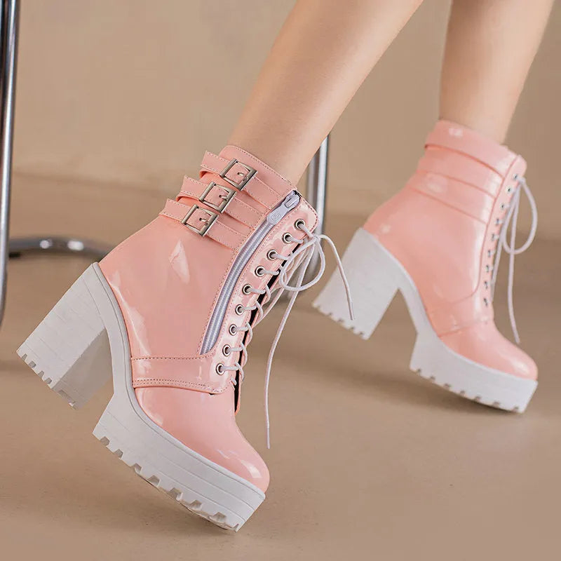 Women's black thick-heeled short boots with lace-up front, round toe, and waterproof platform sole