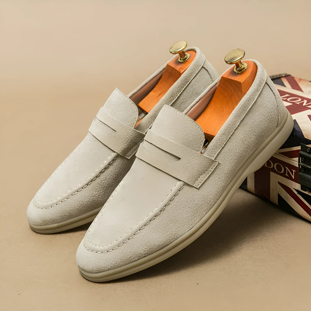 Men's beige slip-on leather casual shoes with round toe and rubber sole