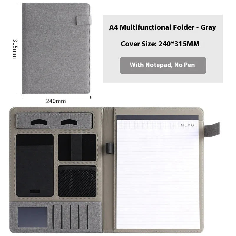 A4 leather business folder in black colour showing document storage and accessory features