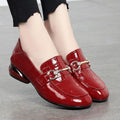 Soft leather British style shiny PU slip-on high heel shoes for women in black with rhinestones and buckle