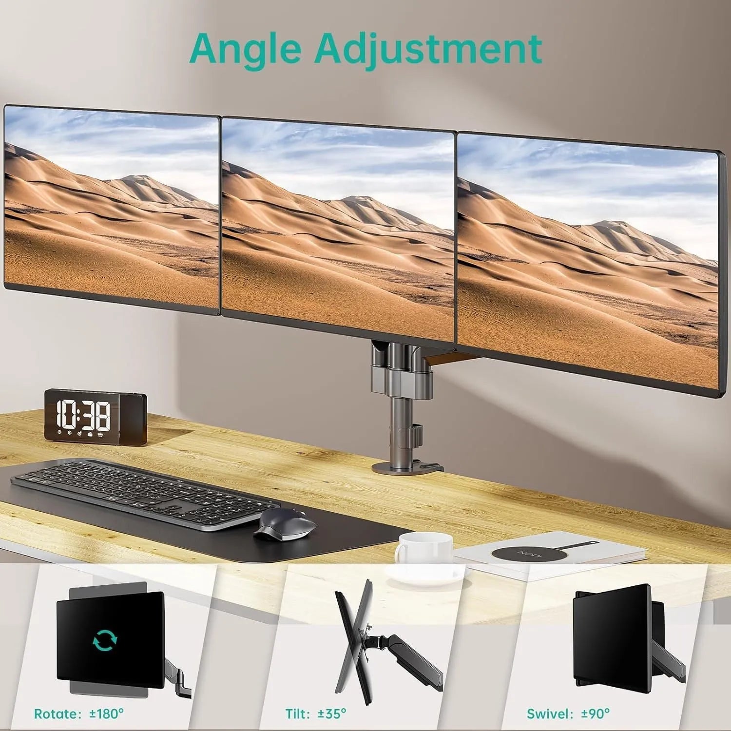 Black aluminium three-arm gas spring computer monitor mounting arm for 13-27 inch screens