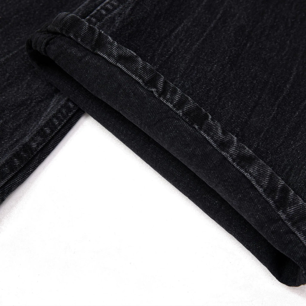 American washed old lightning crack straight-leg jeans in black cotton for men