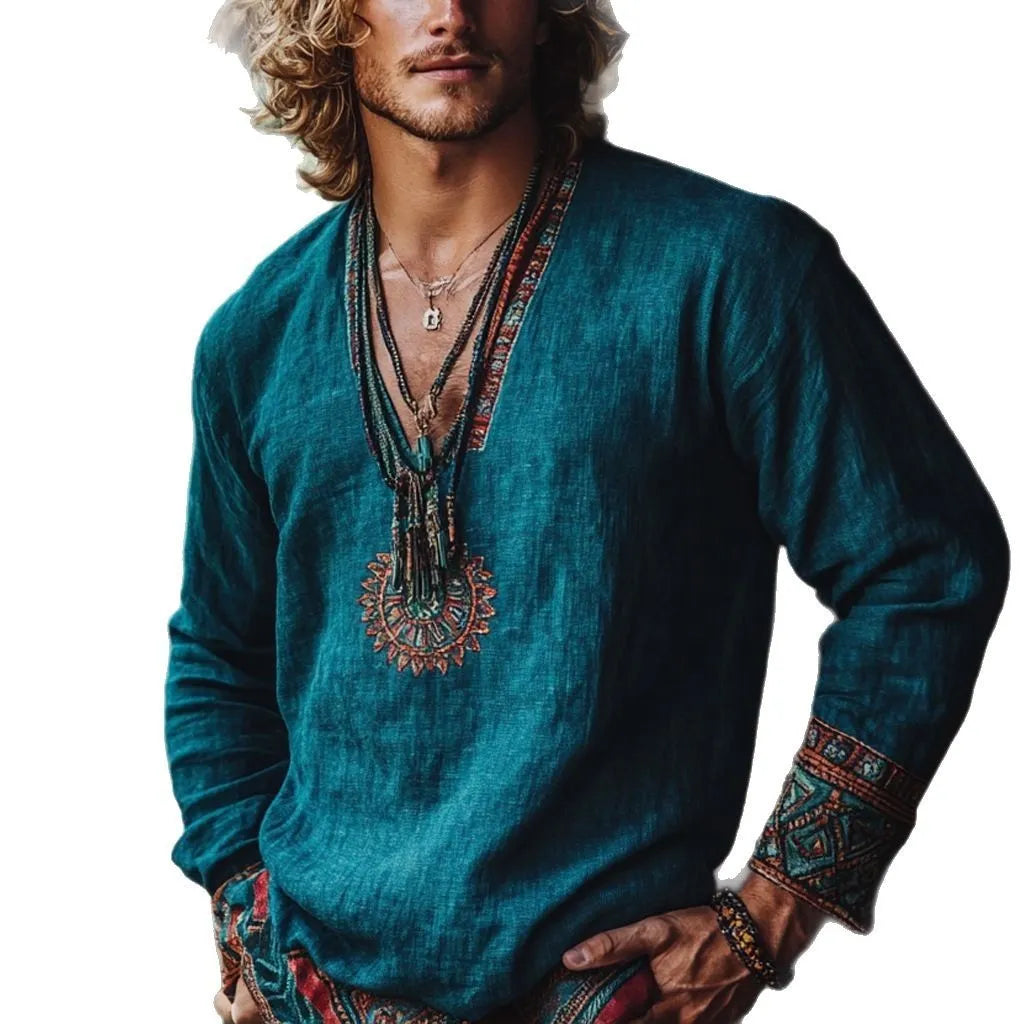 Boho holiday style vintage printed casual long sleeve polyester pullover top in picture colour