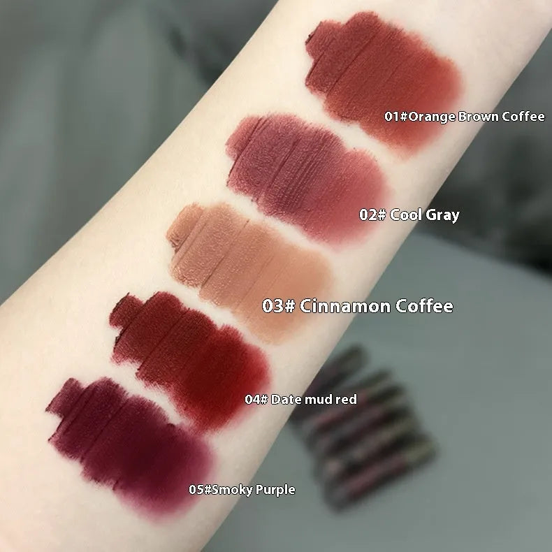 Matte lip mud lipstick in five colour shades with no stain on cup formula, 3.2g net content.