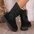 Women's chunky heel mid-calf snow boot with lace-up front and fleece lining in black, brown, or grey.