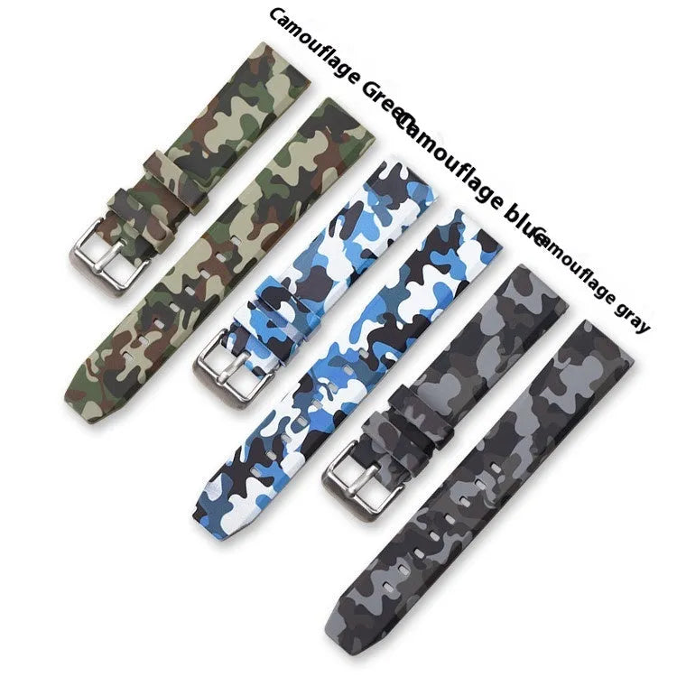 Camouflage pattern silicone watch strap with universal flat head in blue, grey, and green