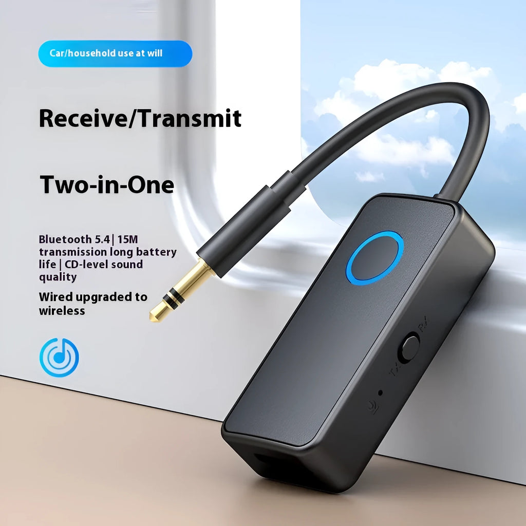 Black Bluetooth 5.4 dual-mode audio adapter with 3.5mm plug for wired to wireless conversion