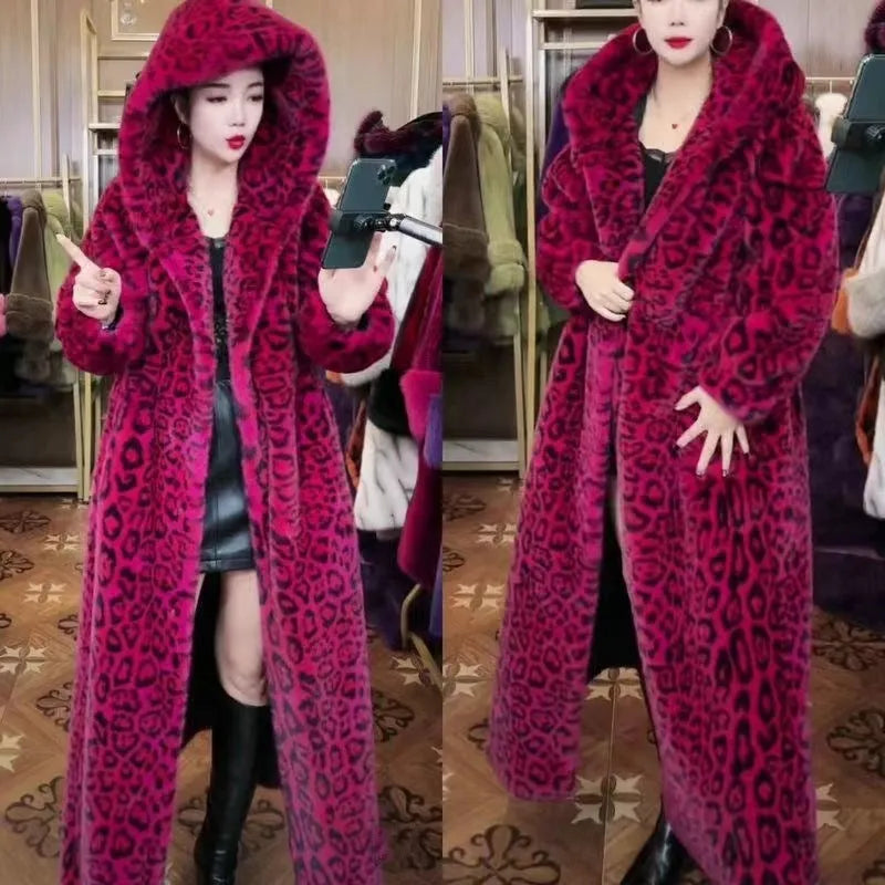 Brown leopard print plus size women's faux fur coat with 100cm length and regular sleeves