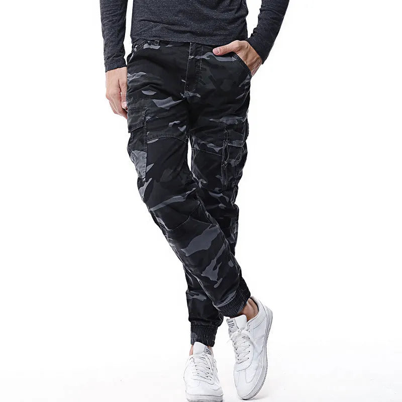 Men's outdoor camouflage trousers in blue grey camouflage colour, mid-waist, polyester fibre