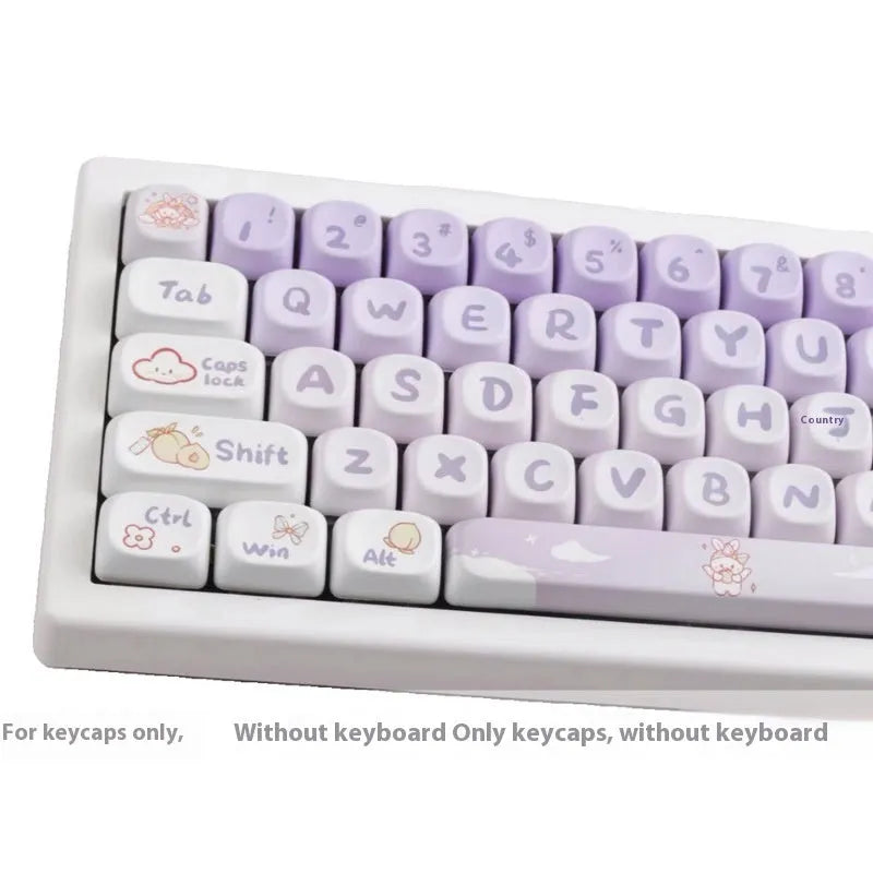 Close-up of purple gradient rabbit design on white PBT keycaps for mechanical keyboards.