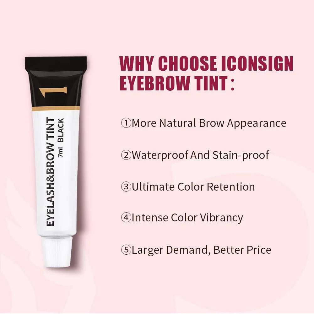 ICONSIGN eyelash and eyebrow dye tint kit with black coffee brown colour options and tools on white background