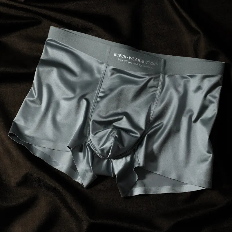 Men's colourblock Ice Silk seamless underwear in multiple colour options on size chart.