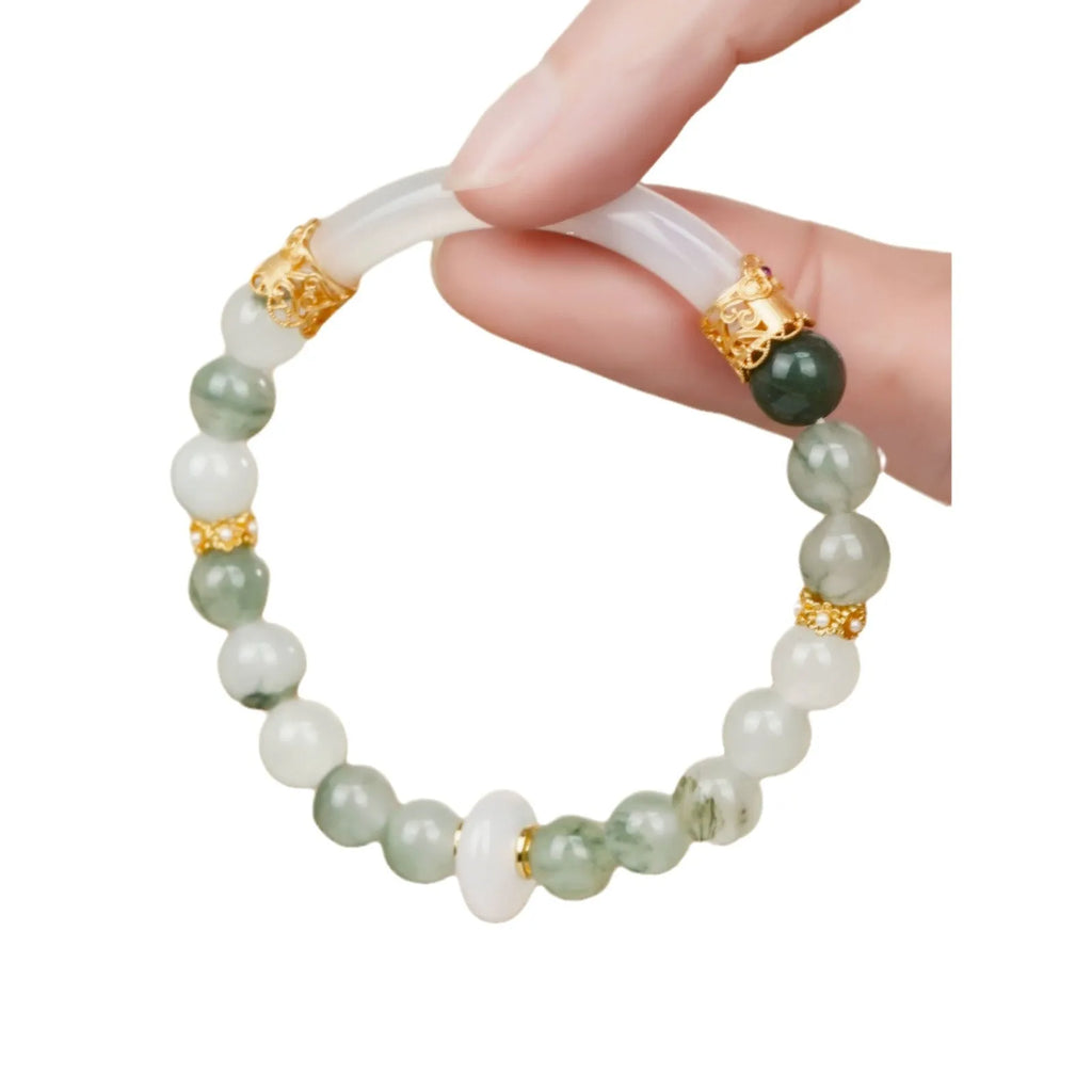 Emerald green Tian Shan Cui jade bracelet with floating flower girl half design and round elements