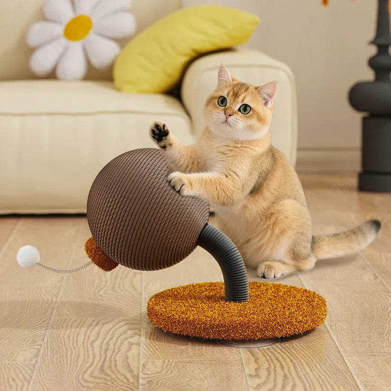 Cat scratching post with interactive tumbler toy made from natural hemp rope in large and small size options