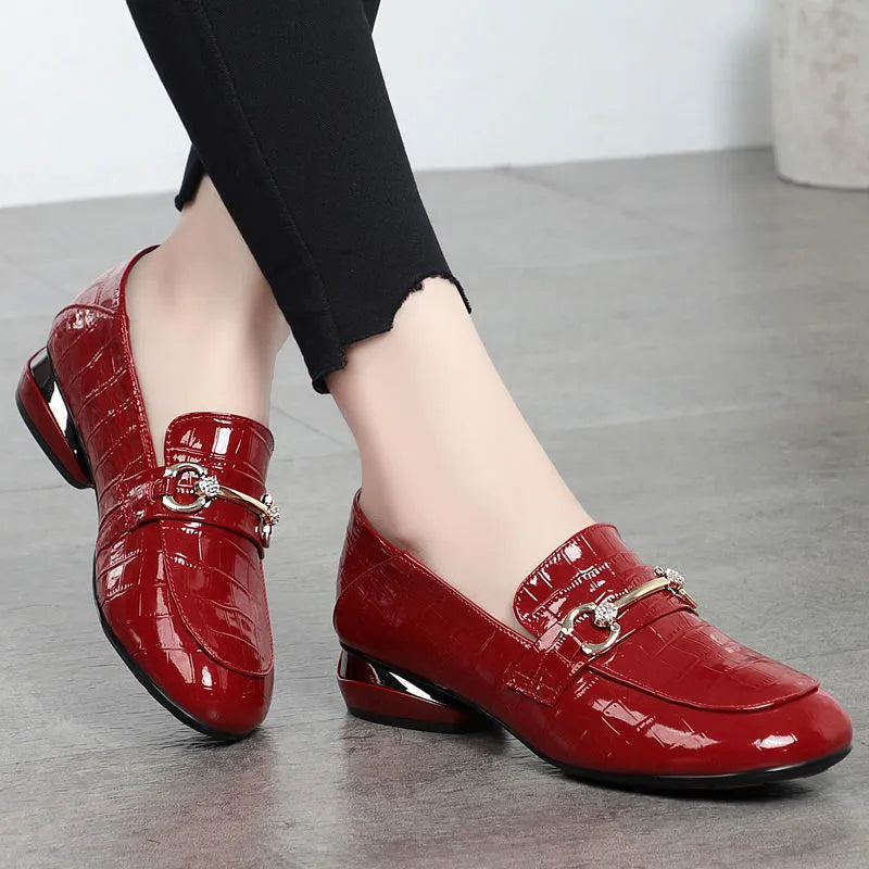 Soft leather British style shiny PU slip-on high heel shoes for women in black with rhinestones and buckle