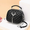 One-shoulder large capacity PU handbag in Deer Black with chain detail, horizontal square shape, 20 cm length
