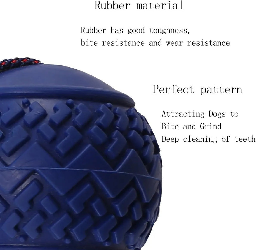 Blue rubber dog ball with natural rope attached for tug and chew play