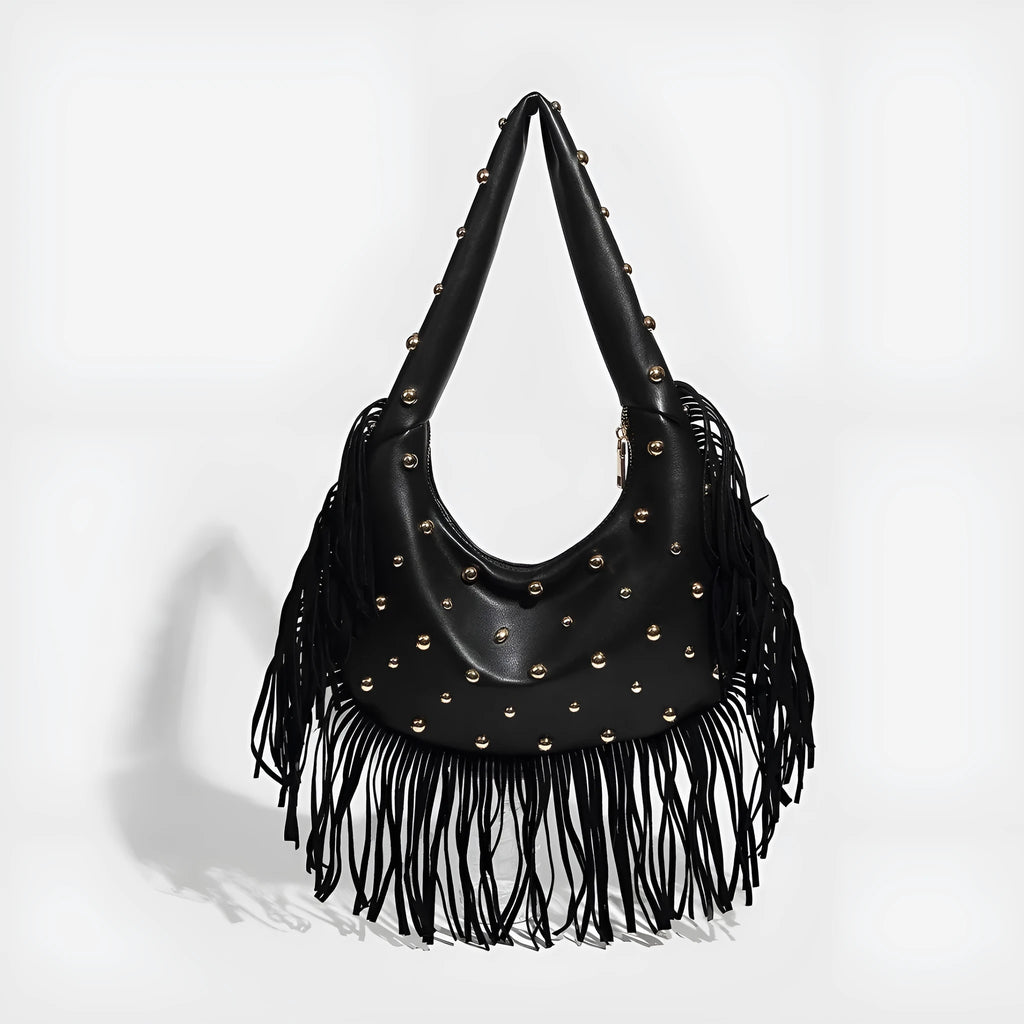 Retro black shoulder handbag with long tassel fringe and internal mobile phone compartment.