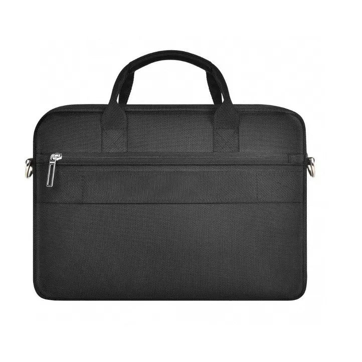 Black Oxford cloth laptop rucksack showing multi-pocket interior and separate computer compartment for 14 or 15.6 inch devices.