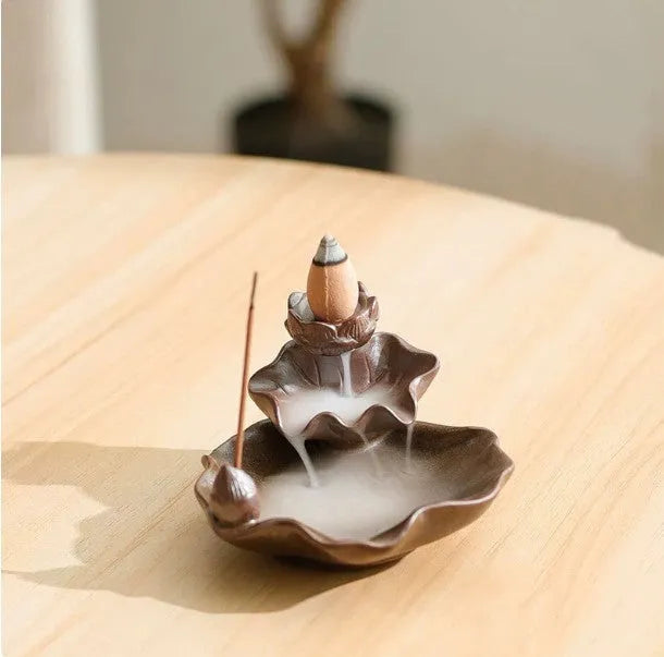 Square purple clay ceramic reverse flow incense burner with crystal glaze and auspicious lotus plum blossom symbols