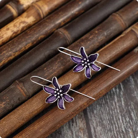 Purple floral alloy earrings with retro design and electroplated finish for women