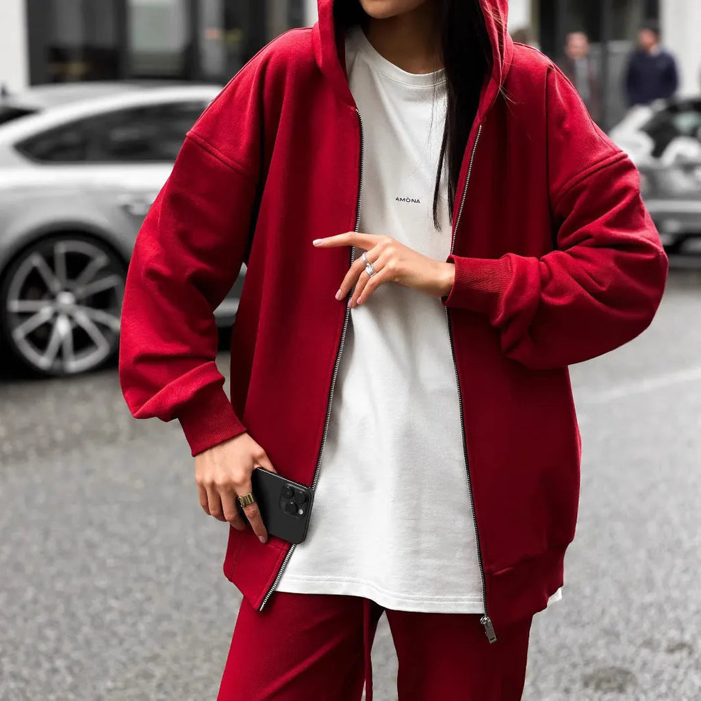 Red loose fit street style long sleeve coat and trousers two-piece set on a hanger