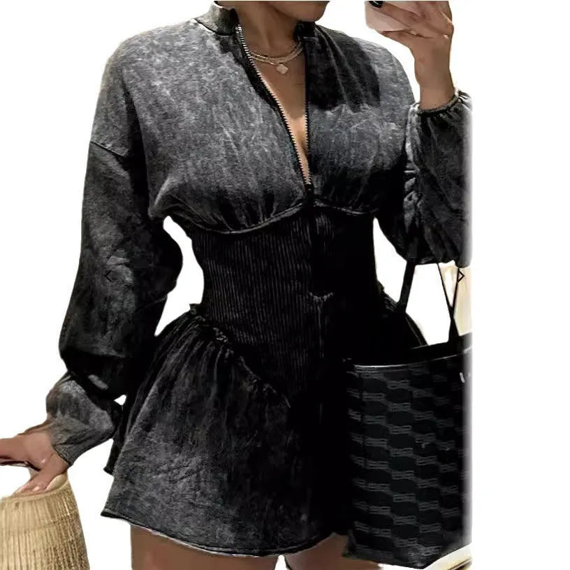 Grey digital print drawstring waist A-line dress with long sleeves on mannequin