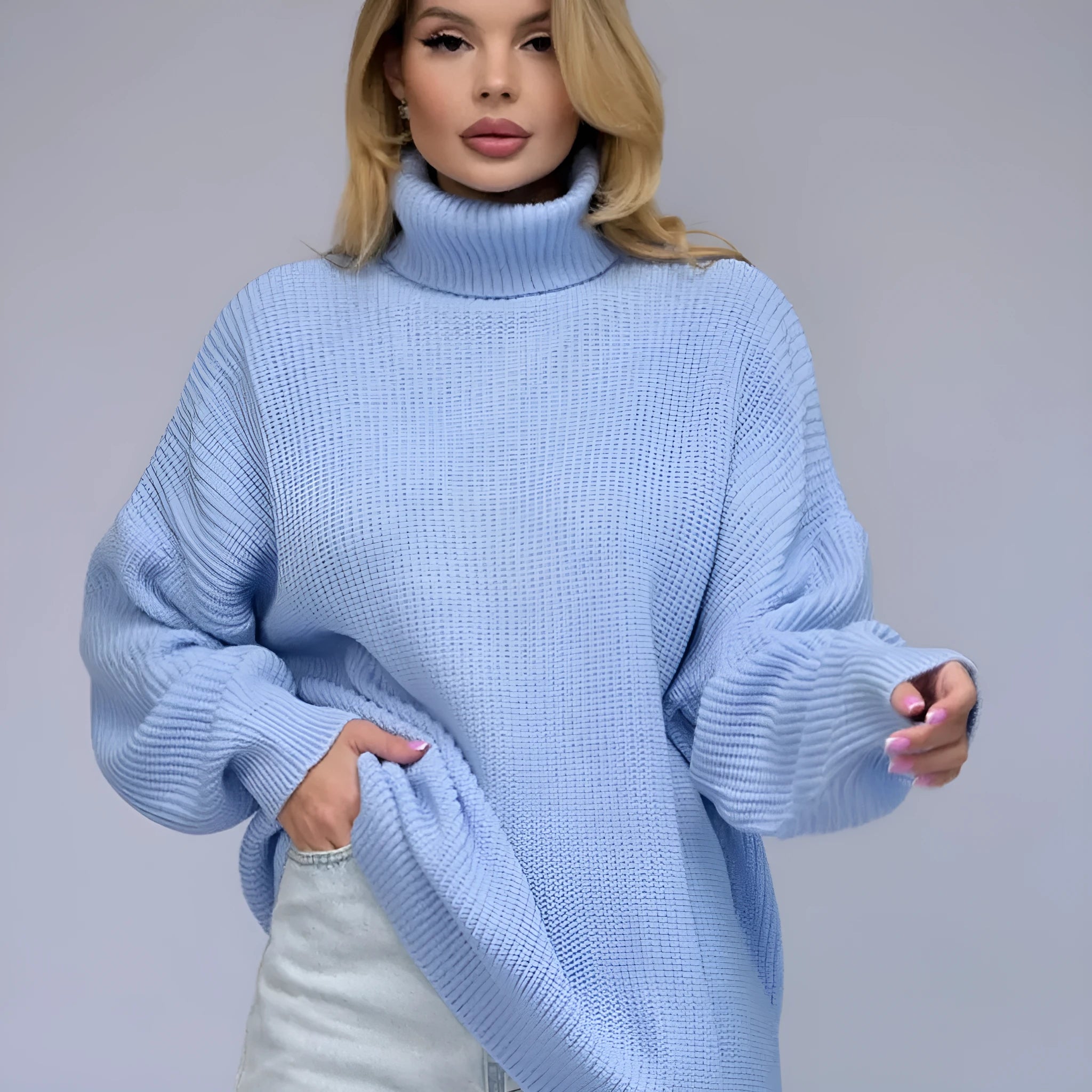 Women's loose fit high neck pullover sweater in imitation cashmere, shown in solid colour options.