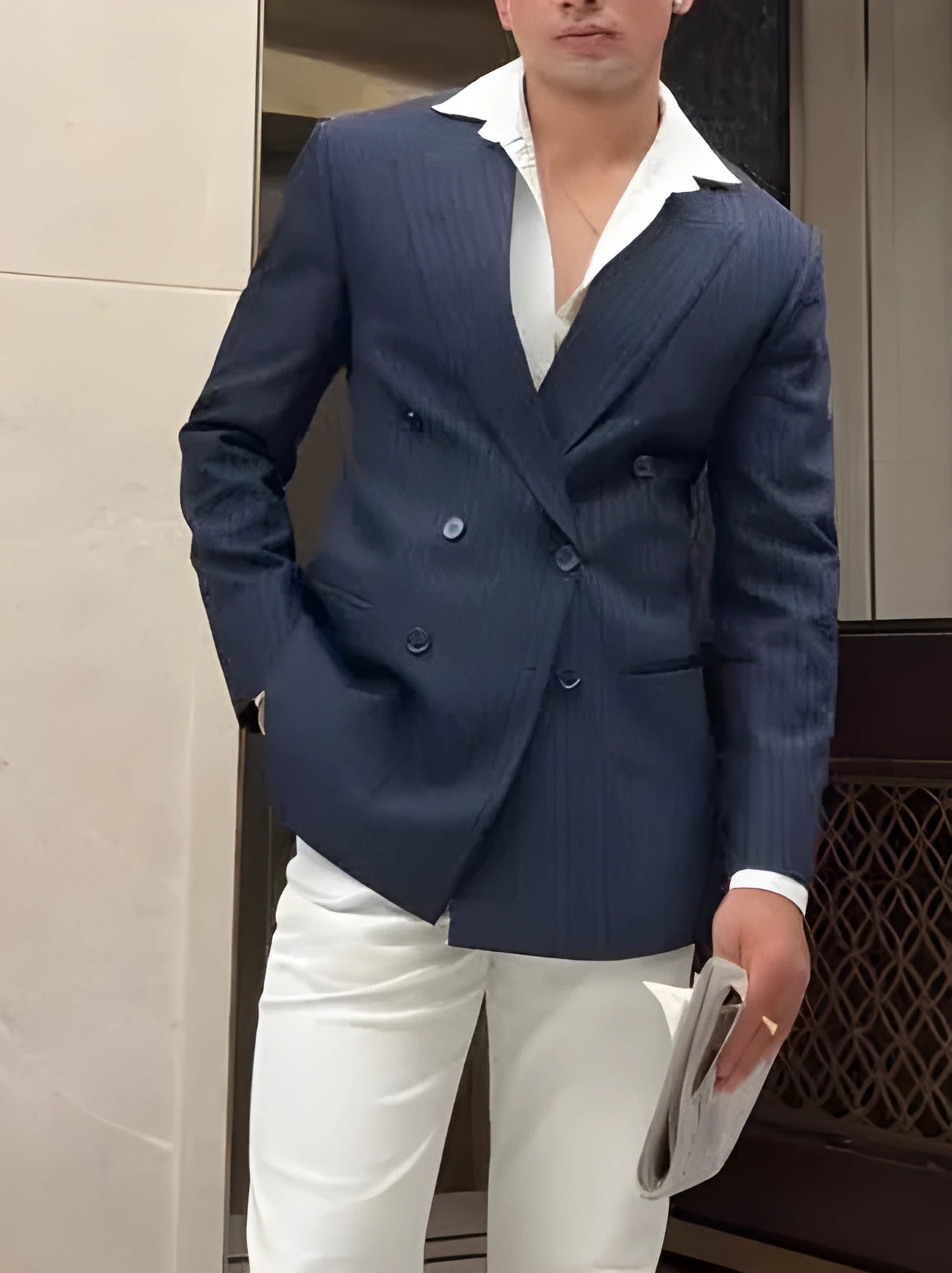 Men's classic striped double breasted blazer in regular fit polyester fabric