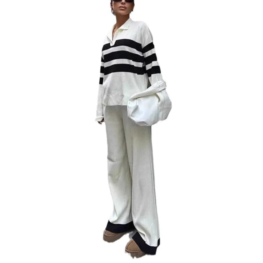 Women's black and white striped knitted polo collar two-piece set with matching trousers