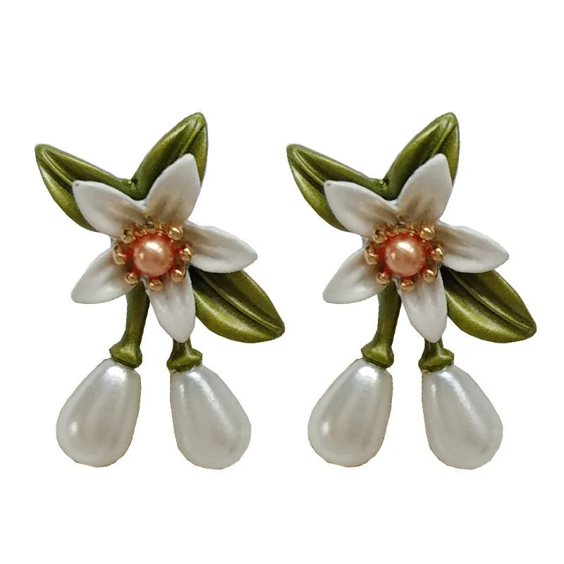 Sterling silver needle flower ear studs and flower ear clip pair alloy earrings set with camellia design