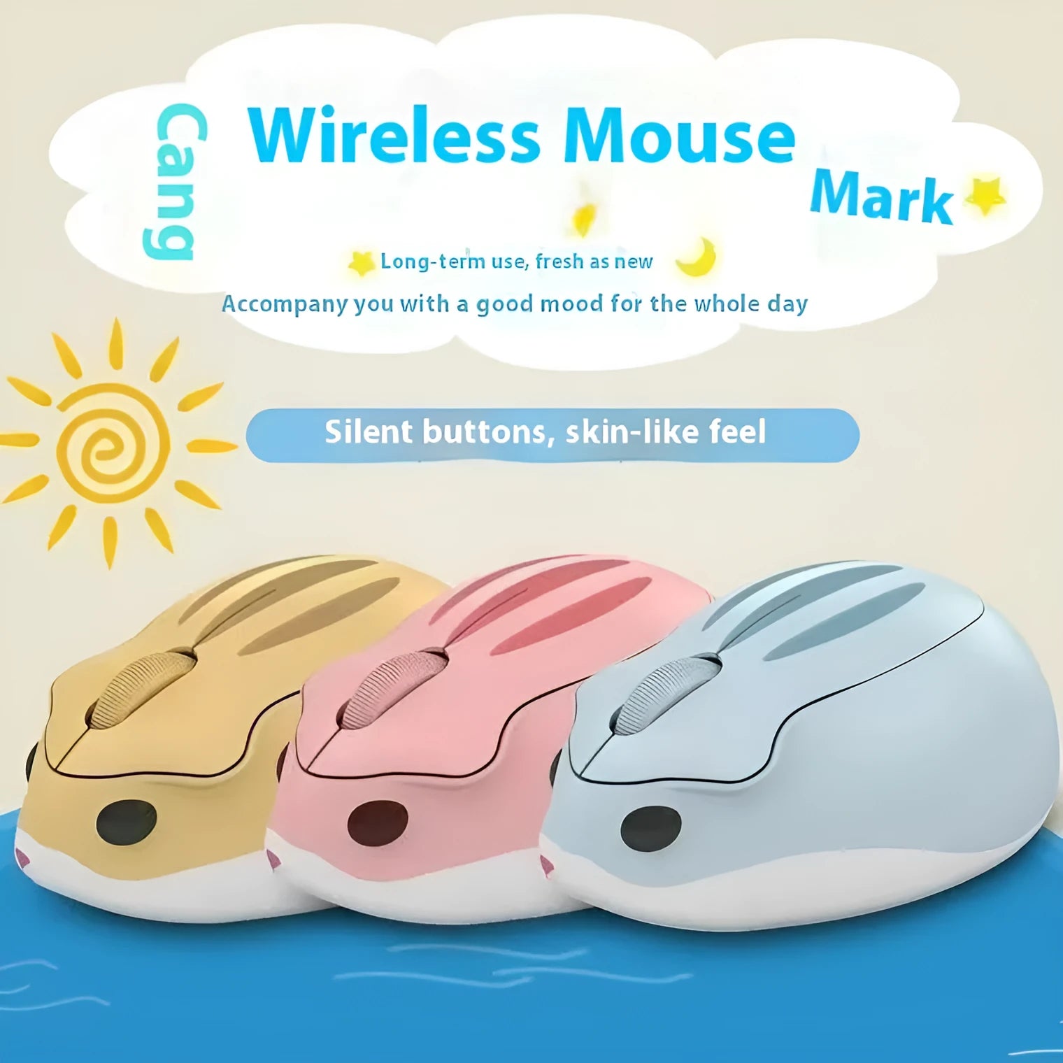 Hamster Wireless Bluetooth Mouse in three colours: yellow, pink, and gray mute options