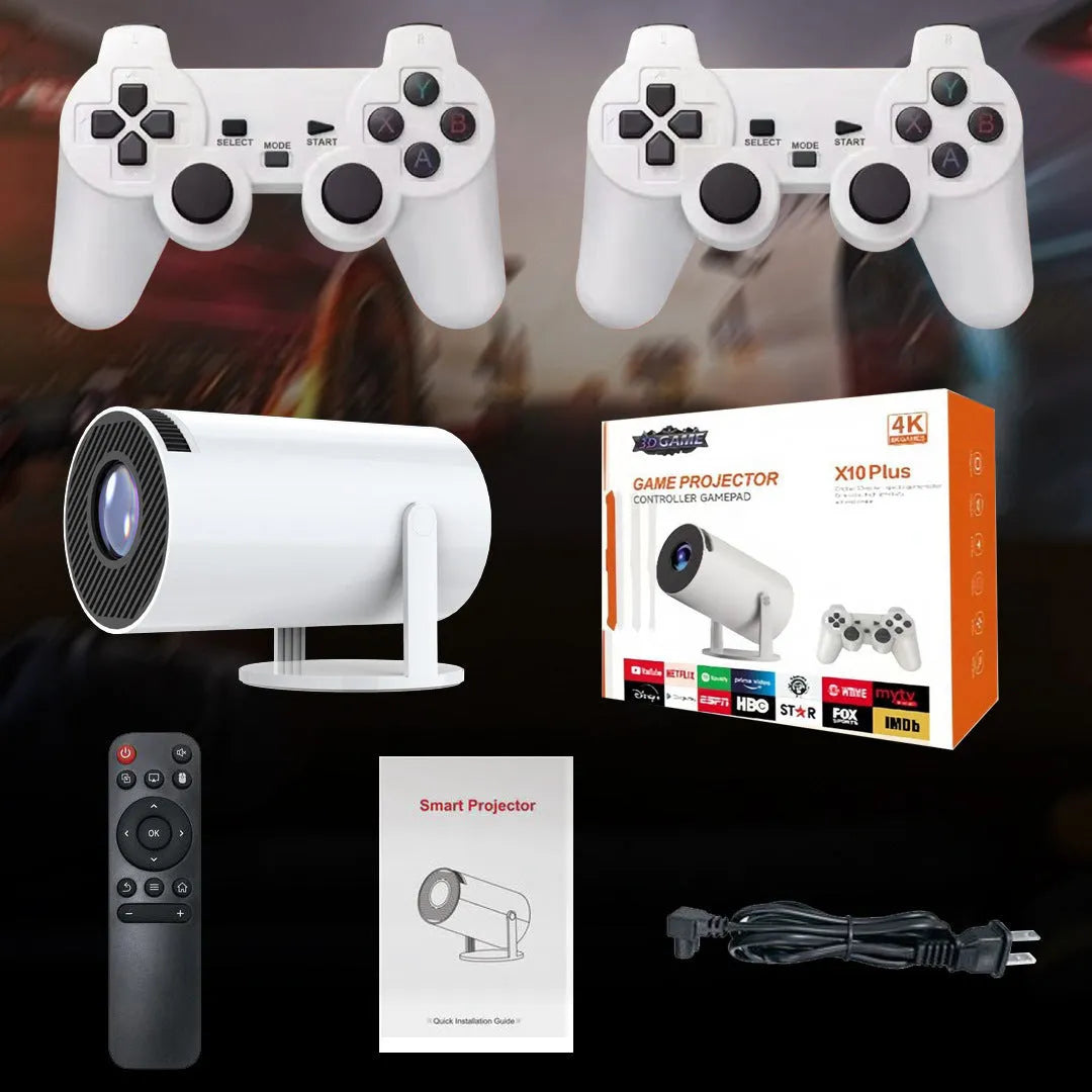 White X10 PLUS portable home smart projector with gamepad and remote control on a table.