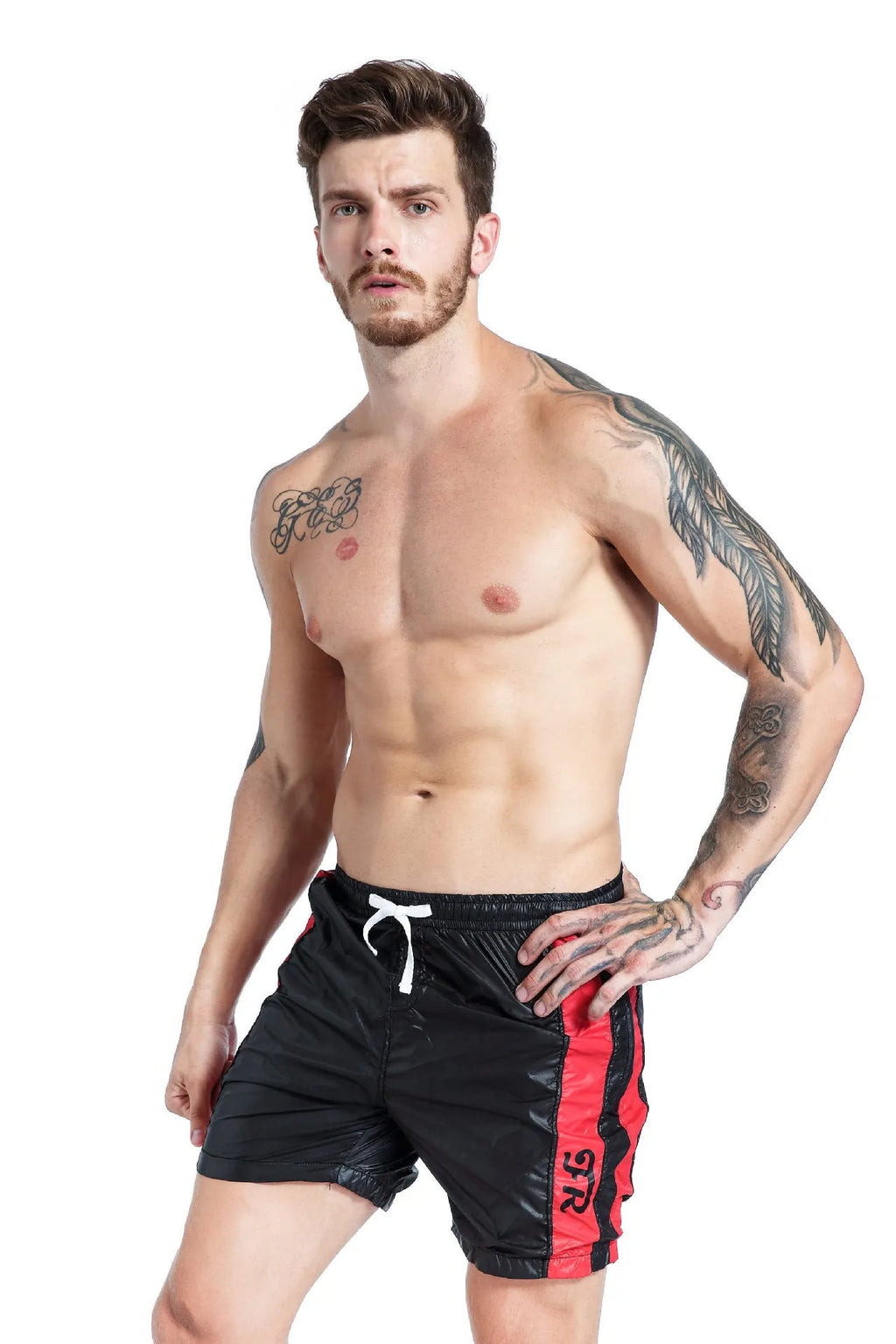 Men's blue elastic sports shorts with lace-up front and slim fit design