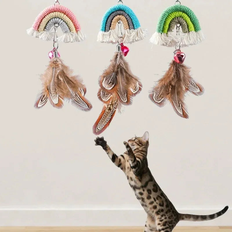 Feather cat rope toy with elastic door swing and sticky buckle clamp in blue, green, or pink colours