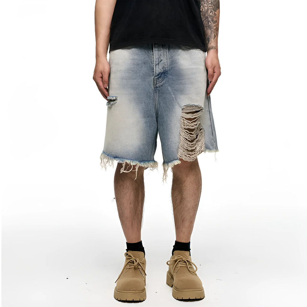 Men's light blue baggy denim shorts with a mid-rise waist and wide leg fit.