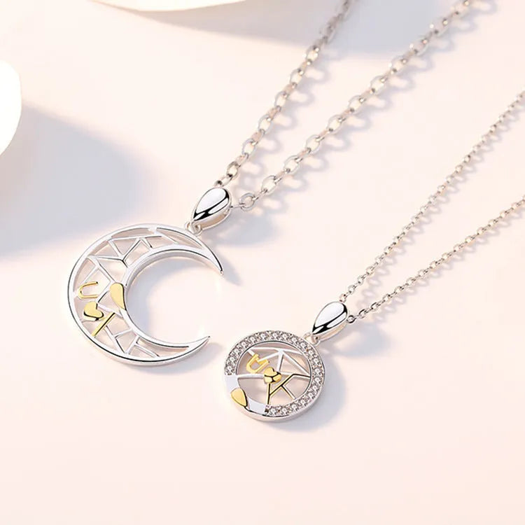 Copper sun and moon couple necklace with electroplated finish on cross chain