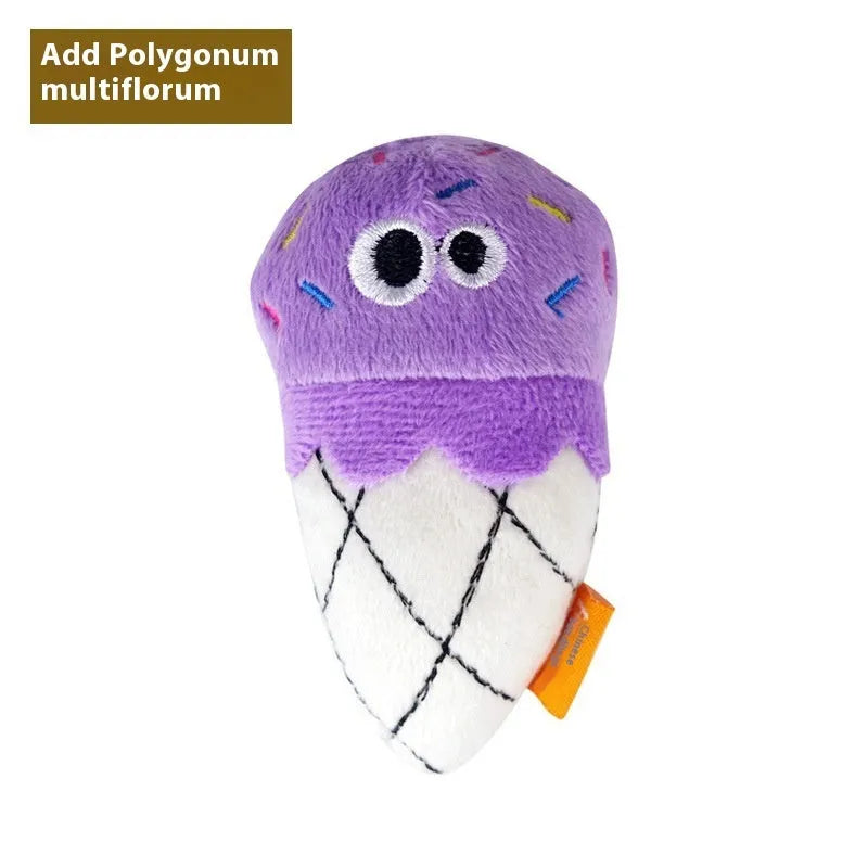 Catnip-filled plush cat toy in food shapes including burrito, cone, cucumber, mushroom, pineapple and pizza styles