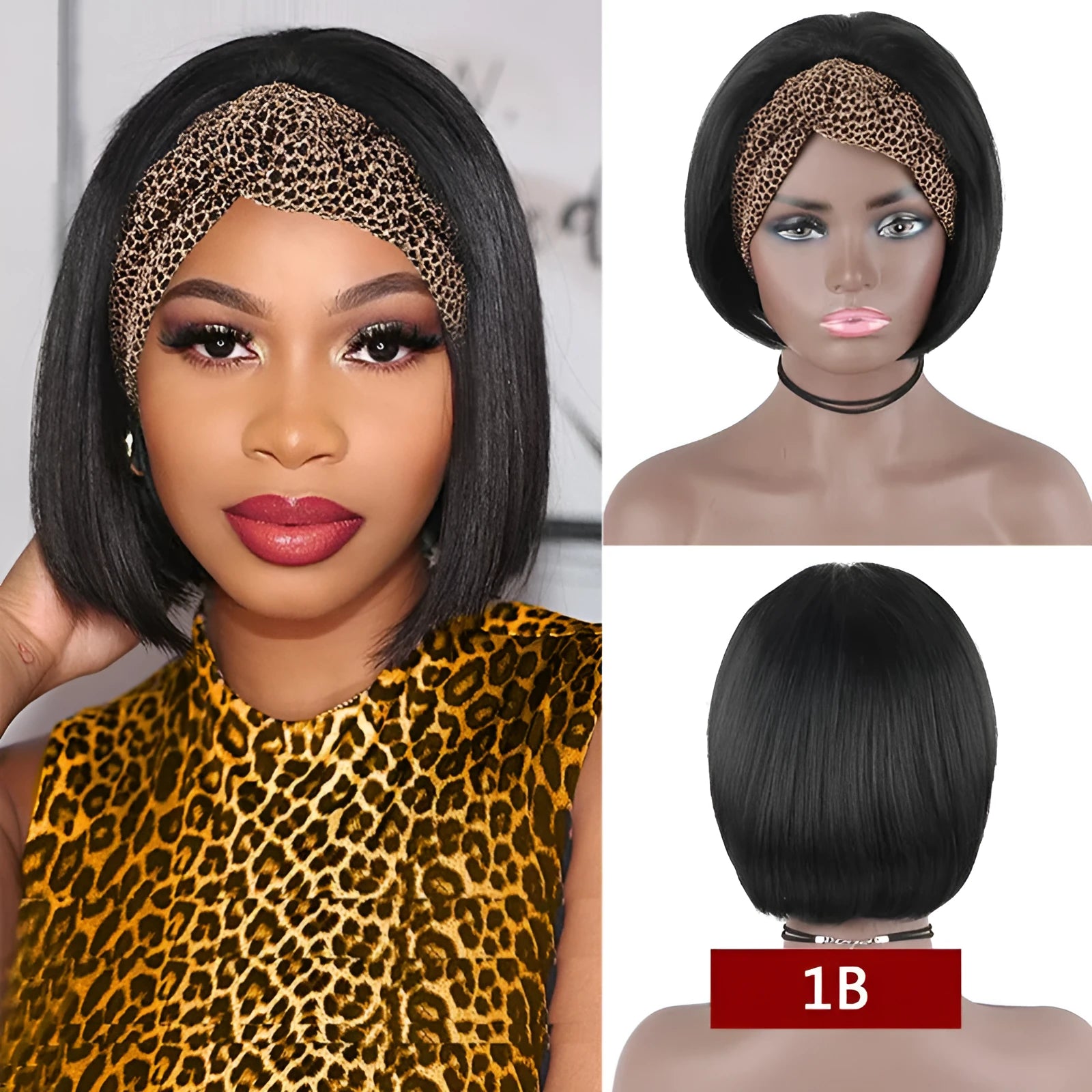 Human hair headband bob wig straight 150% density 14 inch 1B natural colour on mannequin