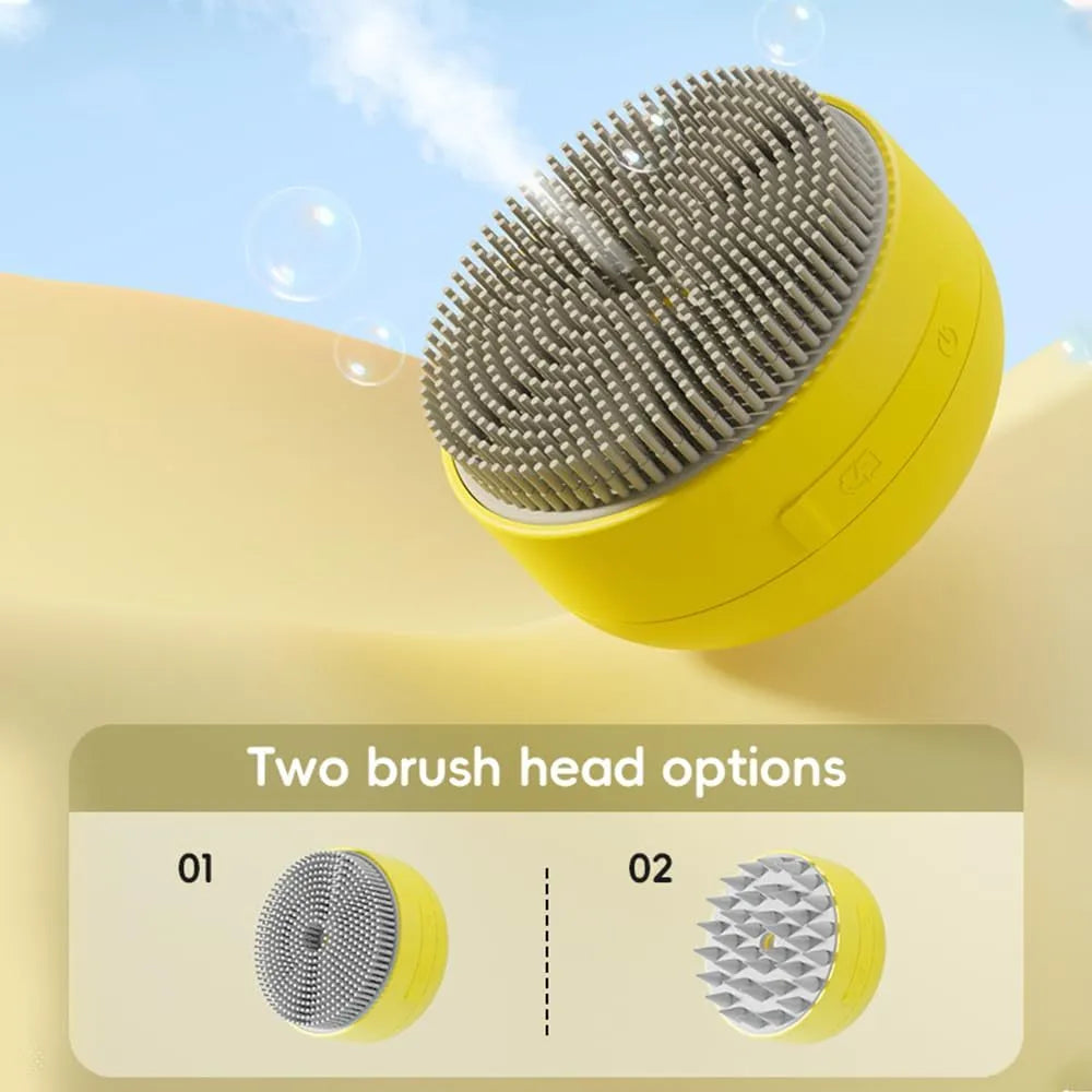 Green and yellow rechargeable pet steam brush with silicone bristles for cat and dog grooming