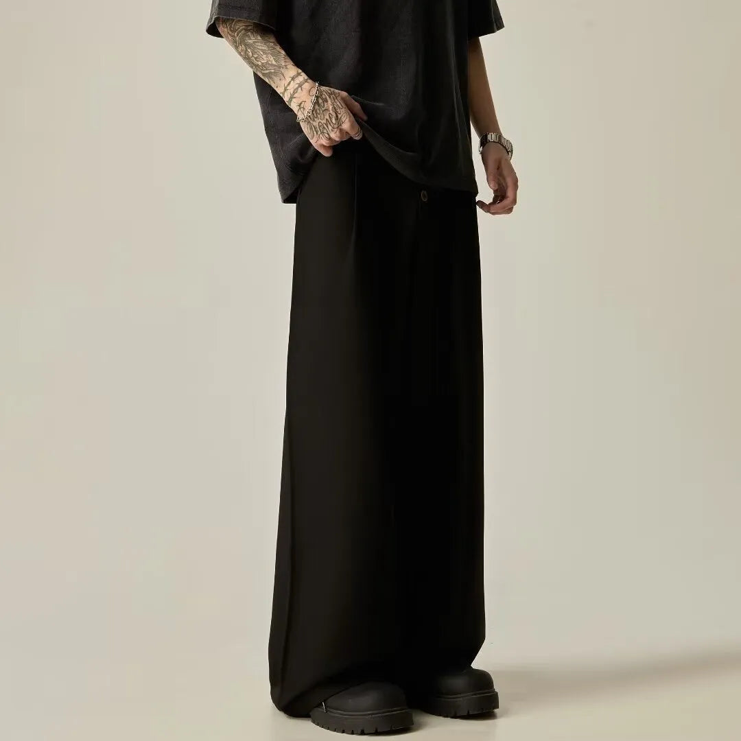 Men's solid colour vertical tube wide-leg trousers with button fly and straight-leg design