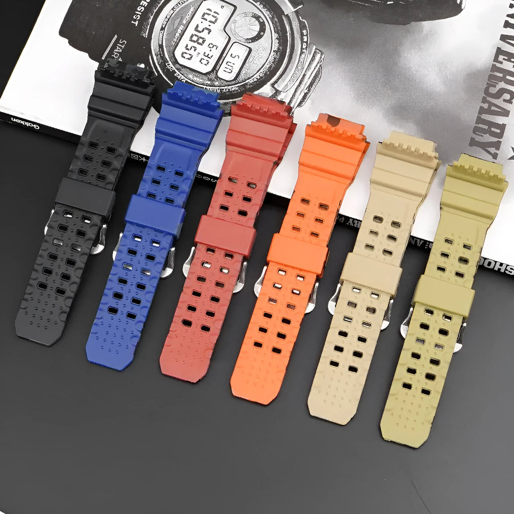 Camouflage pattern TPU watch strap with silver buckle on watch