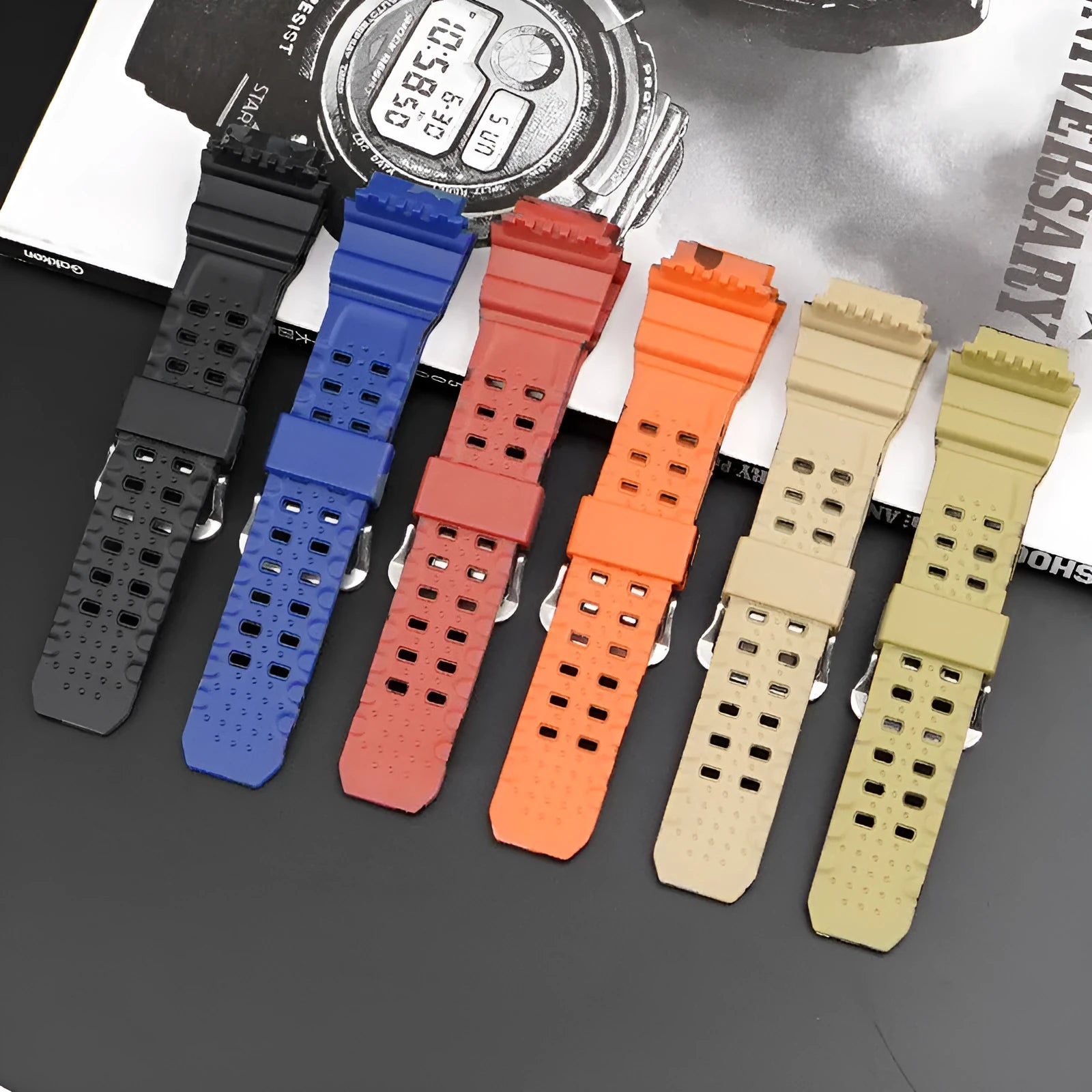 Camouflage pattern TPU watch strap with silver buckle on watch